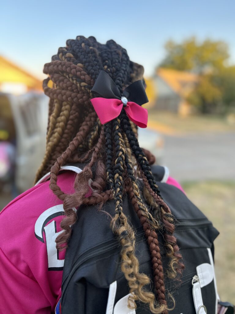 Multicolored box braids styled with pink/black bow by Porscha Teraz